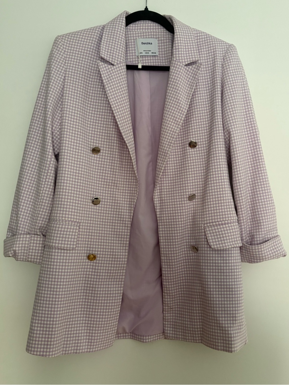 Bershka Lilac Gingham Double-Breasted Blazer